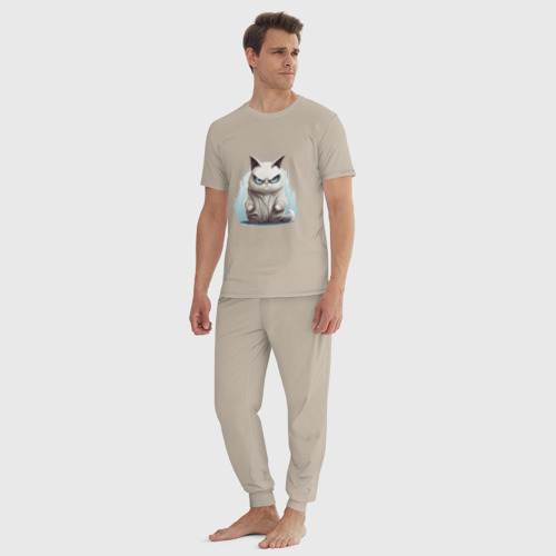 Мужская пижама хлопок с принтом Угрюмый кот призрак, вид сбоку #3