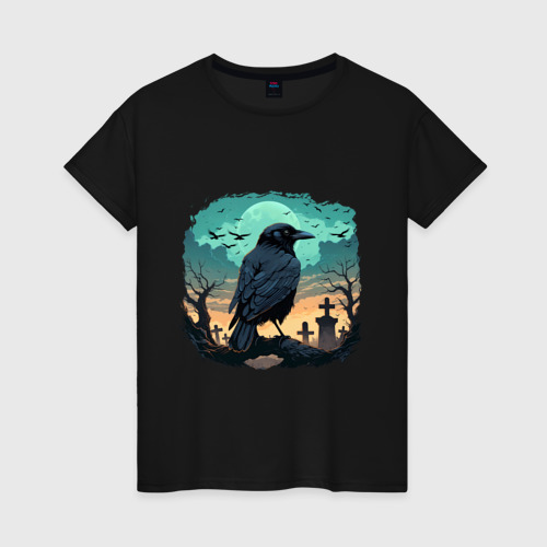 Женская футболка хлопок с принтом Черный ворон на кладбище, вид спереди #2