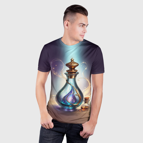 Мужская футболка 3D Slim с принтом Волшебный эликсир в стеклянной бутылке, фото на моделе #1