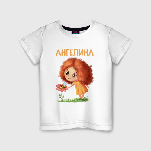 Детская футболка из хлопка с принтом Ангелина - девочка с большими глазами, вид спереди №1