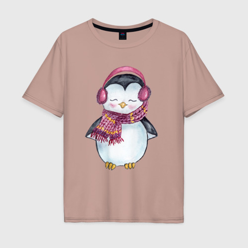 Мужская футболка хлопок Oversize с принтом Милый пингвин в наушниках, вид спереди #2