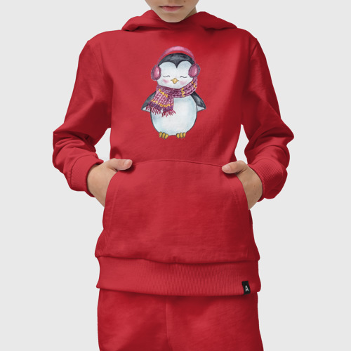 Детский костюм с толстовкой хлопок с принтом Милый пингвин в наушниках, вид сбоку #3