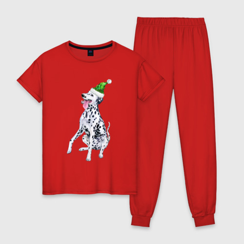 Женская пижама хлопок Новогодний далматин, цвет красный