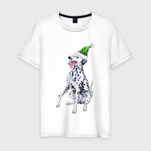 Мужская футболка из хлопка с принтом Новогодний далматин, вид спереди №1
