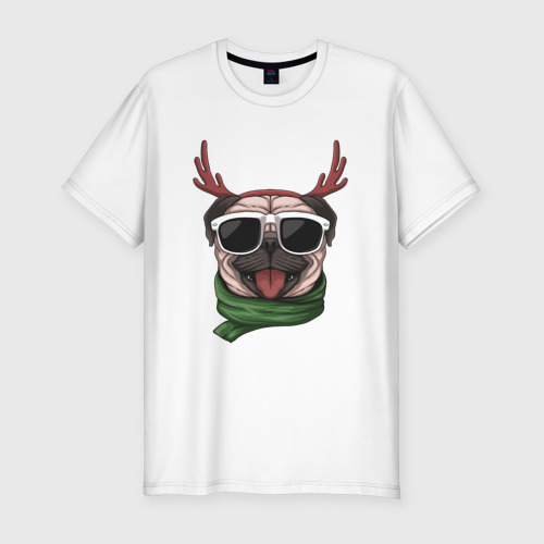 Мужская футболка хлопок Slim с принтом Мопс с оленьими   рогами, вид спереди #2