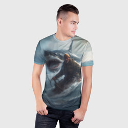 Мужская футболка 3D Slim Мужчина уплывает от акулы на обломках лодки - фото 2