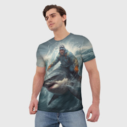 Мужская футболка 3D Мужчина верхом на акуле - фото 2