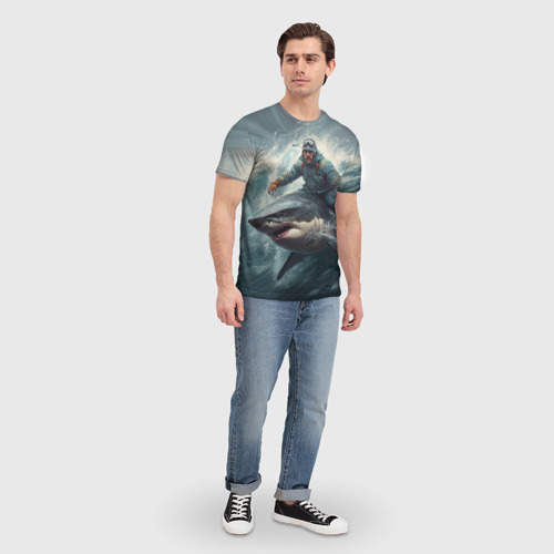Мужская футболка 3D Мужчина верхом на акуле, цвет 3D печать - фото 5