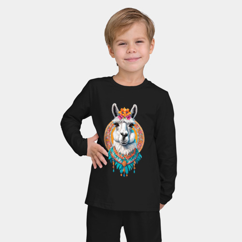 Детская пижама с лонгсливом хлопок с принтом Красивая лама с цветами и перьями, фото на моделе #1