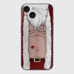 Чехол для iPhone 15 силиконовый с защитой камеры Прикольный костюм санта клауса - голое тело