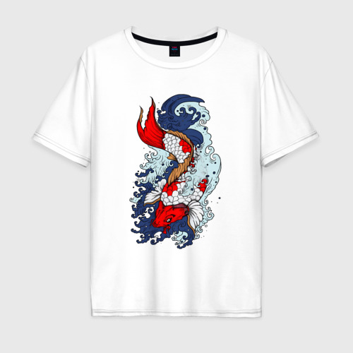 Мужская футболка хлопок Oversize с принтом Японские рыбки - карпы кои, вид спереди #2