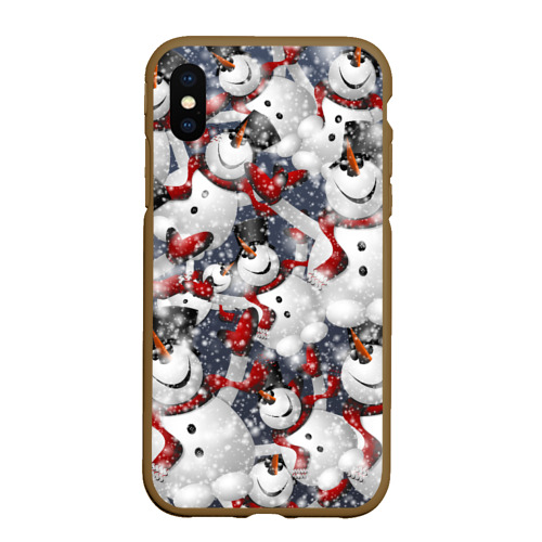 Чехол для iPhone XS Max матовый с принтом Зимний паттерн со снеговиками, вид спереди #2