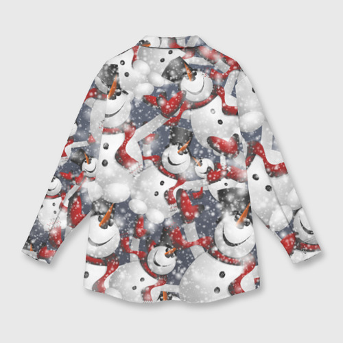 Женская рубашка oversize 3D с принтом Зимний паттерн со снеговиками, вид сзади #1