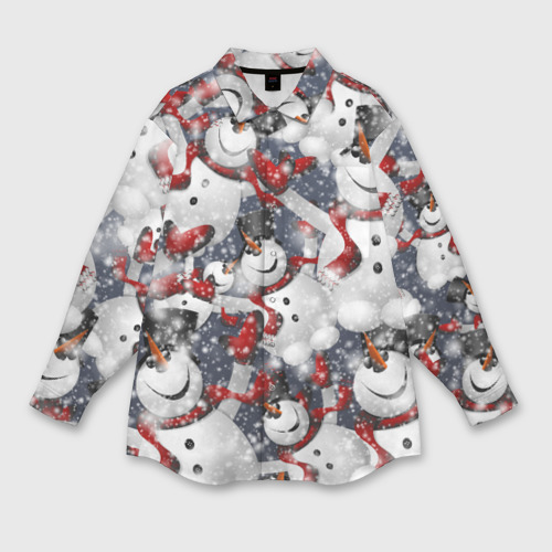 Женская рубашка oversize 3D с принтом Зимний паттерн со снеговиками, вид спереди #2