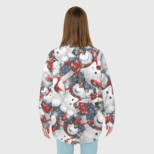 Женская рубашка oversize 3D с принтом Зимний паттерн со снеговиками, вид сзади #2