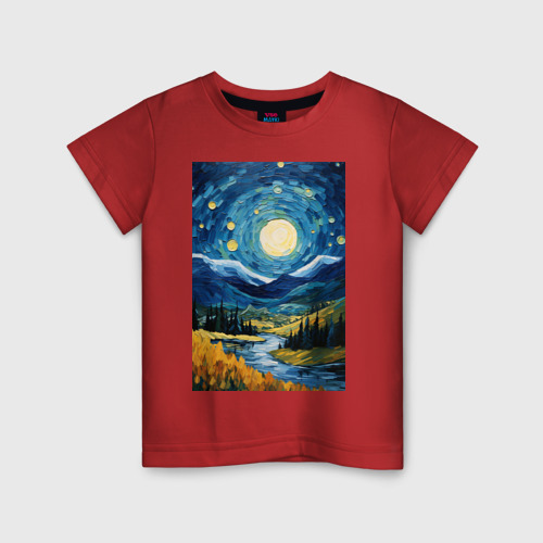 Детская футболка хлопок с принтом Ван Гог: осенний закат в горах, вид спереди #2