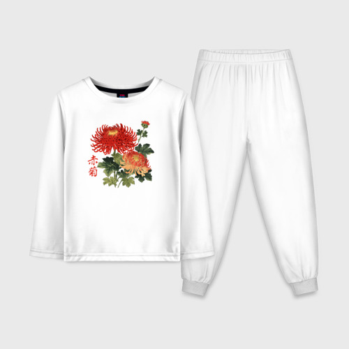 Детская пижама с лонгсливом хлопок Красные хризантемы, цвет белый