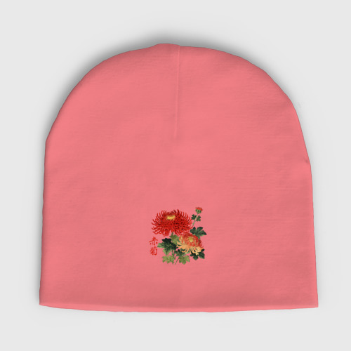 Мужская шапка демисезонная Красные хризантемы, цвет розовый