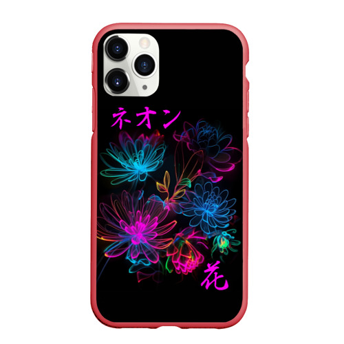 Чехол для iPhone 11 Pro матовый с принтом Неоновые цветы - японский стиль, вид спереди #2