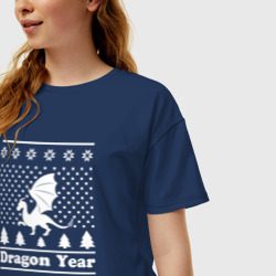 Футболка с принтом Sweater dragon year для женщины, вид на модели спереди №2. Цвет основы: темно-синий