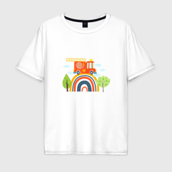 Мужская футболка хлопок Oversize Пожарная машина едет по радуге 