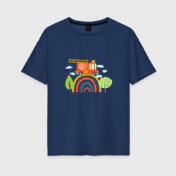 Женская футболка хлопок Oversize Пожарная машина едет по радуге 
