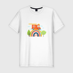 Мужская футболка хлопок Slim Пожарная машина едет по радуге 