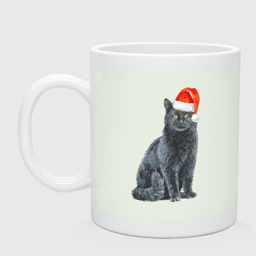 Кружка керамическая с принтом Серый новогодний котик, вид спереди #2