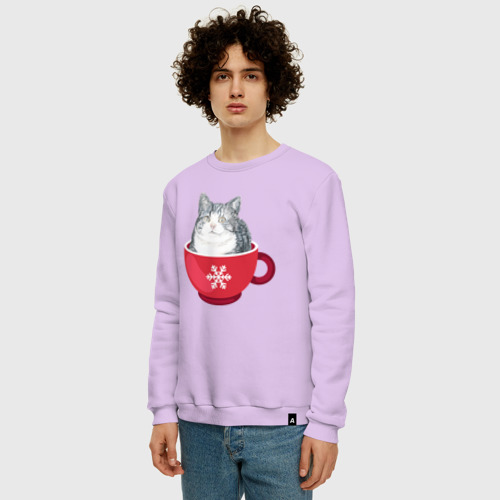 Мужской свитшот хлопок с принтом Котик в кружке со снежинкой, фото на моделе #1