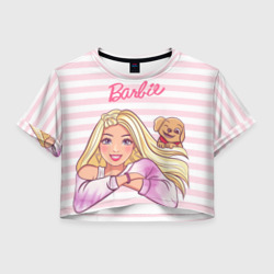Женская футболка Crop-top 3D Барби с щенком: розово-белая горизонтальная полоска