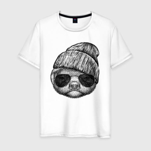 Мужская футболка из хлопка с принтом Медоед в шапке и очках, вид спереди №1