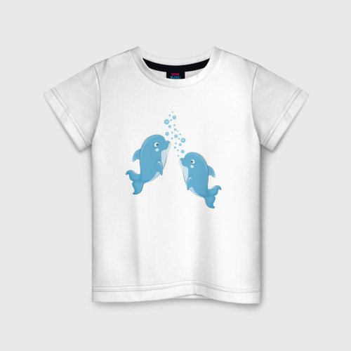 Детская футболка из хлопка с принтом Дельфинчики и пузырьки, вид спереди №1