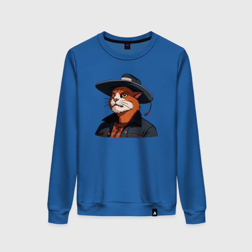 Женский свитшот хлопок Кот в ковбойской шляпе, цвет синий