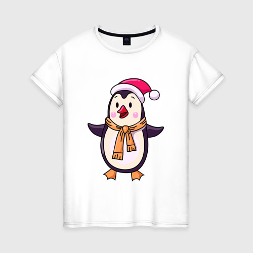 Женская футболка хлопок Праздничный пингвин, цвет белый