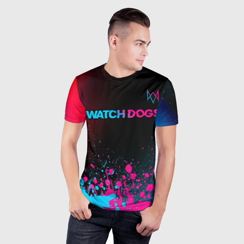 Мужская футболка 3D Slim Watch Dogs - neon gradient: символ сверху, цвет 3D печать - фото 3