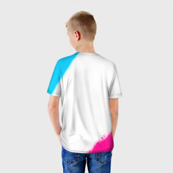Футболка с принтом The Sims neon gradient style для ребенка, вид на модели сзади №2. Цвет основы: белый