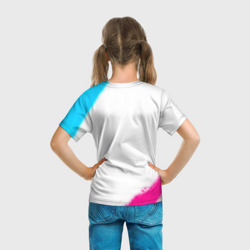 Футболка с принтом The Sims neon gradient style для ребенка, вид на модели сзади №3. Цвет основы: белый