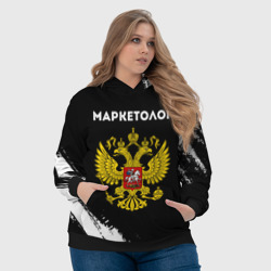 Толстовка с принтом Маркетолог из России и герб РФ для женщины, вид на модели спереди №4. Цвет основы: черный
