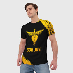 Футболка с принтом Bon Jovi - gold gradient для мужчины, вид на модели спереди №2. Цвет основы: белый