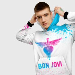 Толстовка с принтом Bon Jovi neon gradient style для мужчины, вид на модели спереди №3. Цвет основы: черный
