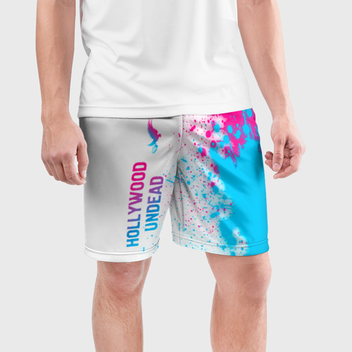 Мужские шорты спортивные с принтом Hollywood Undead neon gradient style: по-вертикали, фото на моделе #1