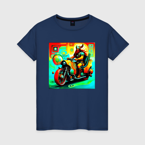 Женская футболка хлопок Викинг на мотоцикле, цвет темно-синий