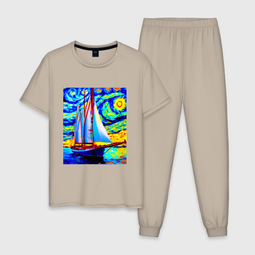 Мужская пижама хлопок с принтом Парусная яхта, вид спереди #2