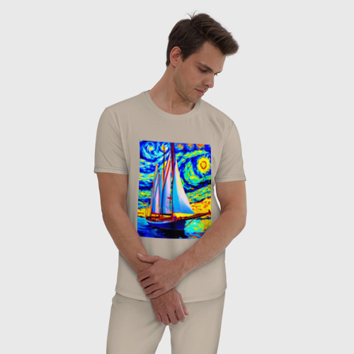 Мужская пижама хлопок с принтом Парусная яхта, фото на моделе #1