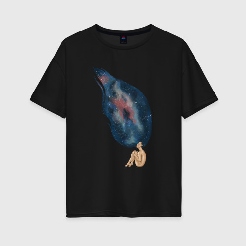 Женская футболка хлопок Oversize Девушка космос в волосах, цвет черный
