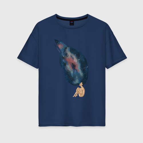 Женская футболка из хлопка оверсайз с принтом Девушка космос в волосах, вид спереди №1