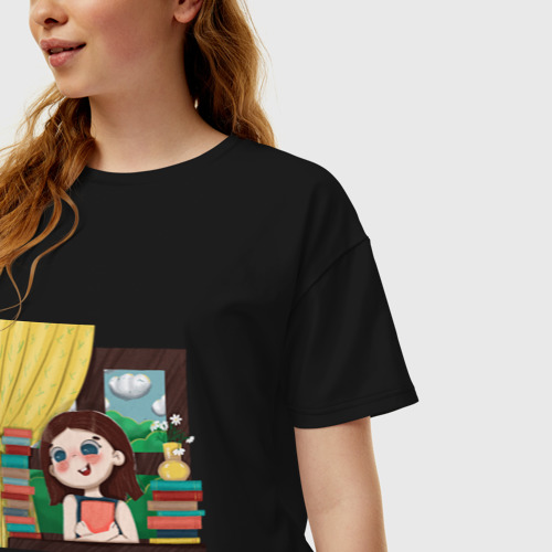 Женская футболка хлопок Oversize с принтом Любительница книг, фото на моделе #1