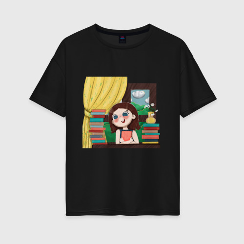 Женская футболка хлопок Oversize с принтом Любительница книг, вид спереди #2