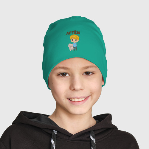 Детская шапка демисезонная Артем - мальчик с собакой, цвет зеленый - фото 3