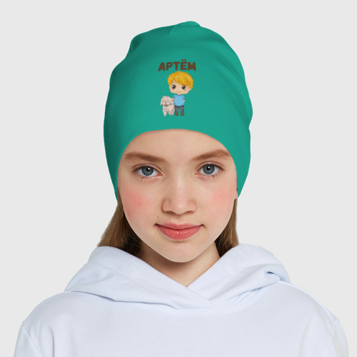 Детская шапка демисезонная Артем - мальчик с собакой, цвет зеленый - фото 5